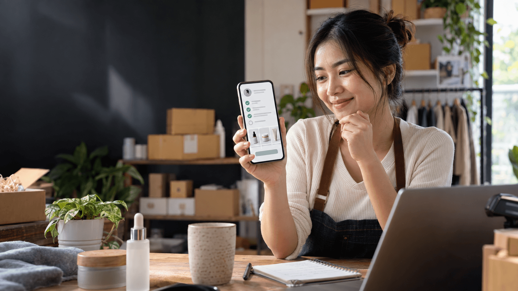 เจ้าของร้านออนไลน์กำลังตรวจสอบการเปิดตะกร้าและสถานะบัญชีบนโทรศัพท์