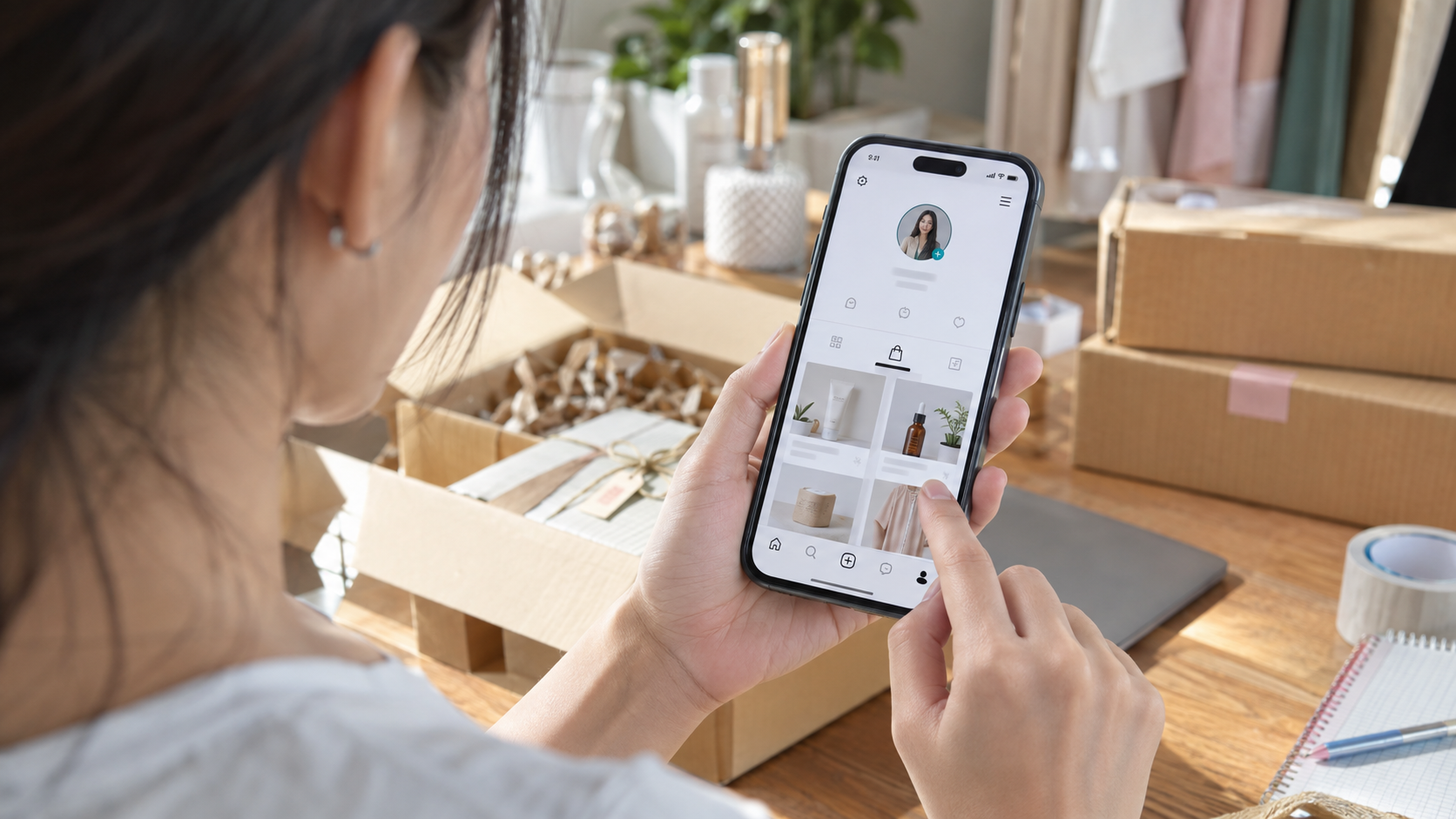 เจ้าของร้านกำลังตรวจคุณสมบัติครีเอเตอร์ TikTok Shop บนโทรศัพท์